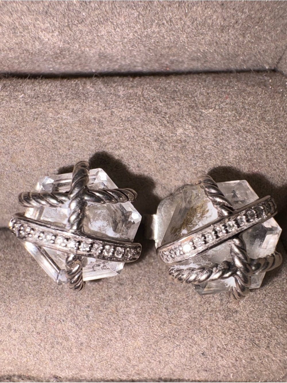 Crystal Rope-Detail Silver Clip-On Earrings - Clear Crystal